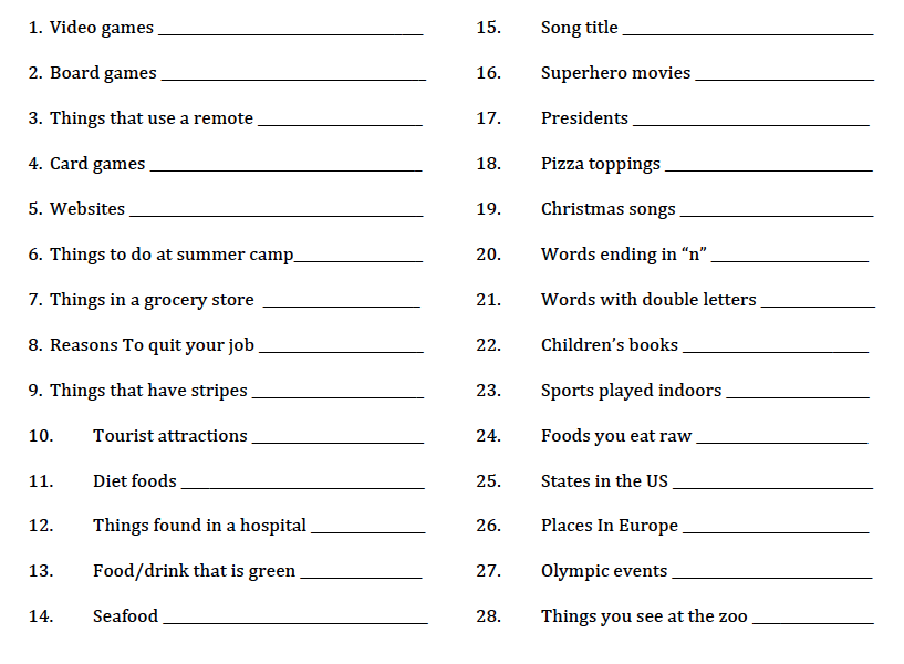 kids scattergories list printable